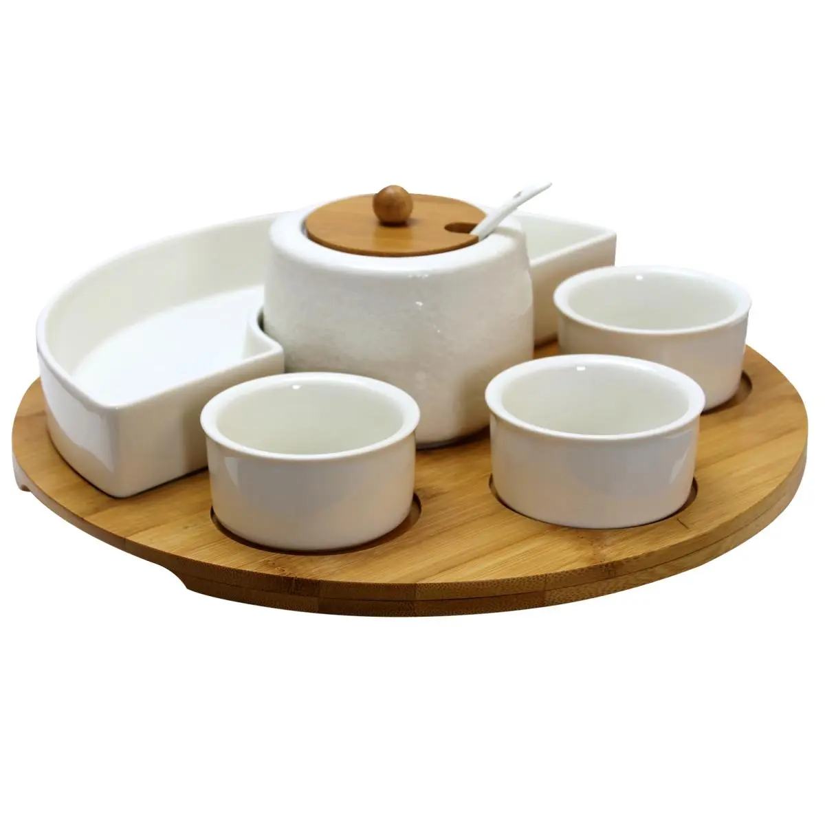 212 MAIN 8-Piece Signature Stoneware Appetizer Tableware Set - Dishwasher Safe Bamboo Serving Tray, 4 Serving Bowls, Lazy Susan Central Condiment Holder with Lid, Cutlery Spoon for Elegant Guest Gatherings, Elegant Serving