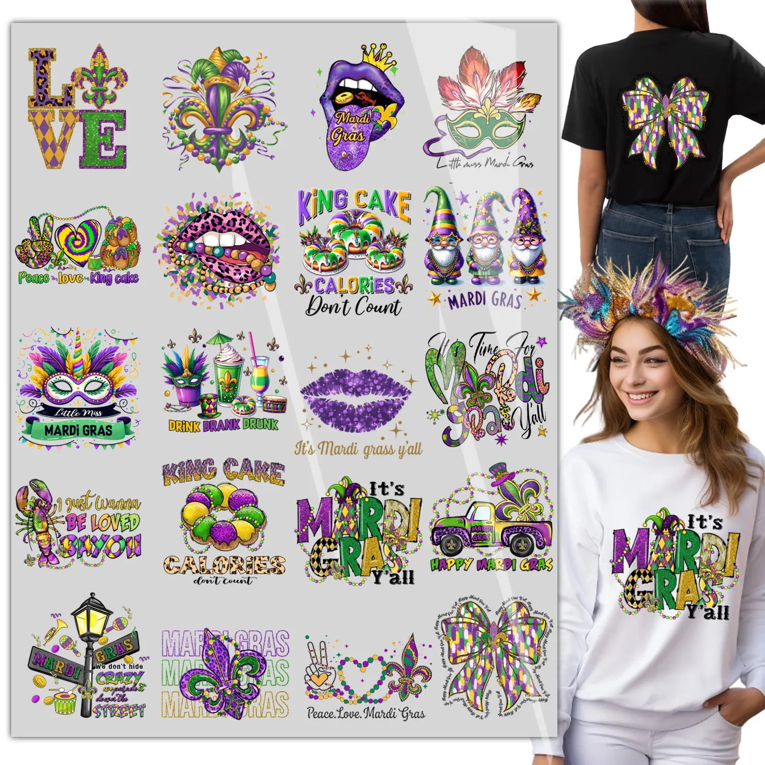 20sheet  Mardi Gras Iron on Transfers dtf transfers ready to press Retro Iron on Decals Patch Heat Transfer Iron on Stickers for T Shirt Clothing Jacket Hat Backpacks DIY