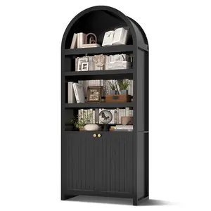 81 Inches Tall Arched 6-Tier Bookcase with Door Black