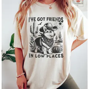 Funny Corgi I've Got Friends In Low Places Graphic Tee, 100% Cotton Oversized Comfort Outfit, Retro Corgi Lover Cute Fashion Shirt, Perfect Valentine's Day Gift For Him Her Family Friends