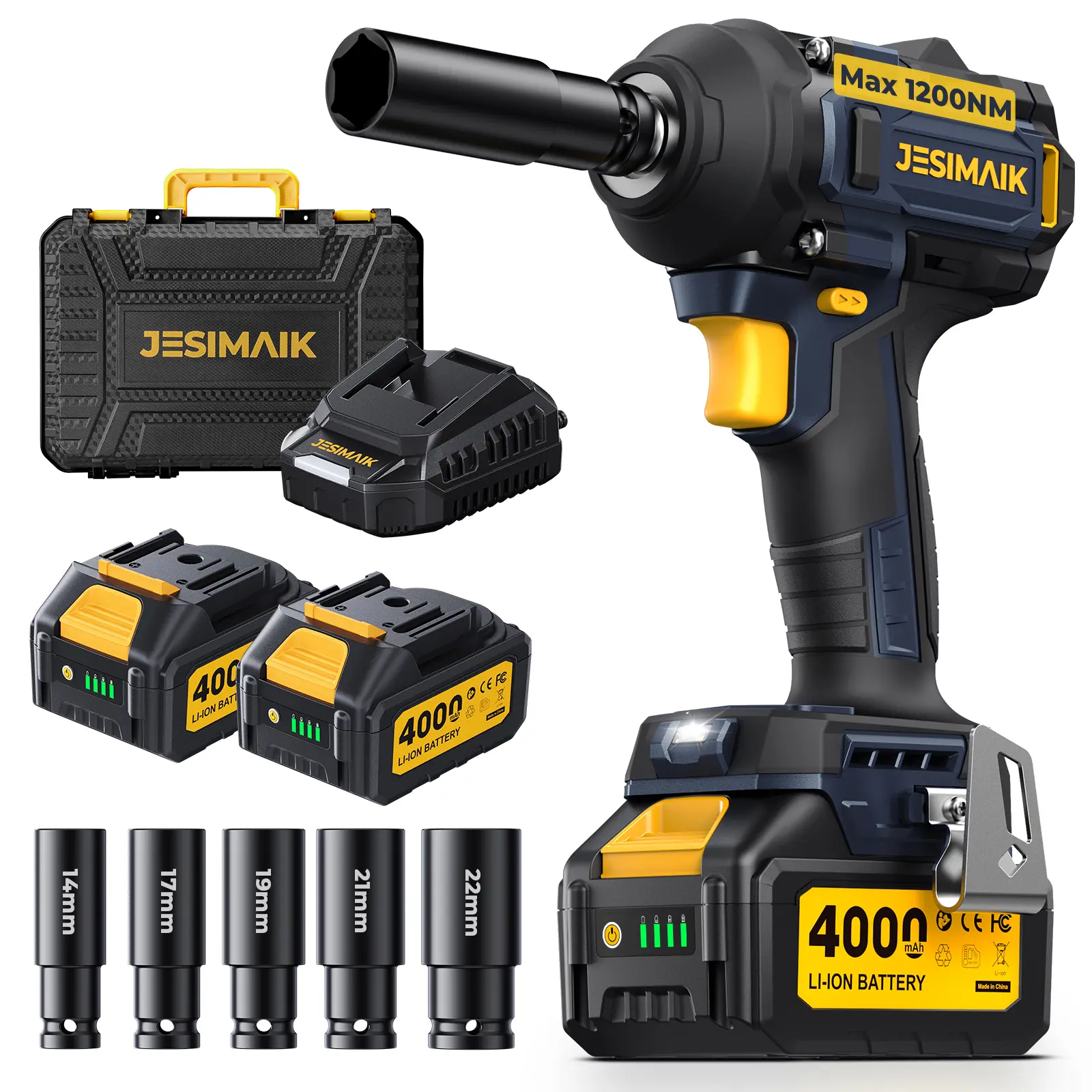 Cordless Impact Wrench 1200-2000N.M High Torque 1/2" Brushless Impact Gun 21V Electric Impact Wrench with 2×4.0Ah Batteries 4 Impact Modes 5 Sockets for Truck RV Car & Heavy Duty