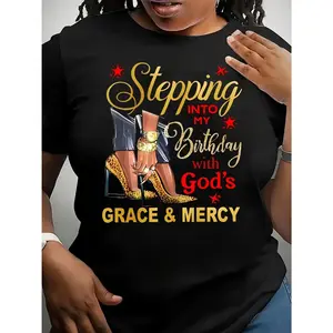 Stepping Into My Birthday Grace And Mercy Graphic Tee Unisex Streetwear Shirt Soft Casual Crewneck Top For Birthday Party Church Weekend Gift