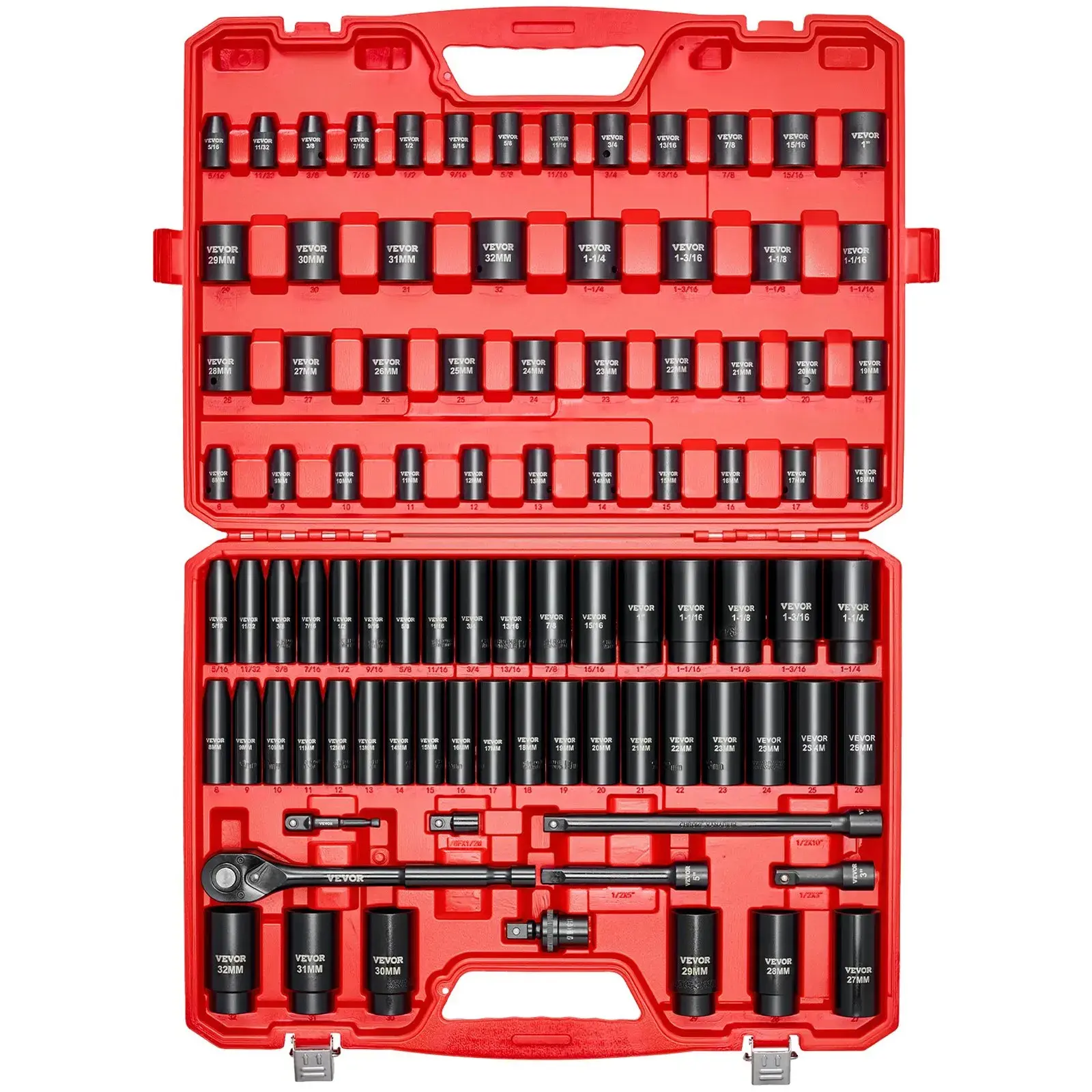 【DealsForYouDays】VEVOR 1/2 in Drive Impact Socket Set,91 Piece6 Point Deep & Shallow Impact SocketsSAE (5/16 to 1-1/4 in) and Metric (8 to 32 mm) Sizes with Extension Bars (3510 in)Cr-V SteelCarrying Case 