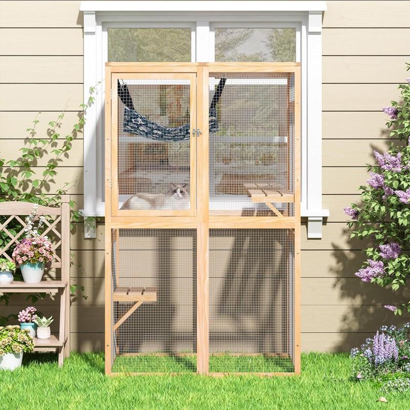 COZIWOW Outdoor Wooden Cat House Enclosure with Window, 3 Spacious Platforms, Weatherproof Wood, 39.4 x 33.3 x 63.8 Inches