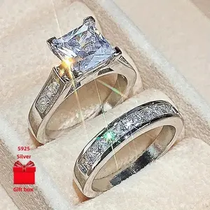 2-Piece 925 Silver Square Wedding Ring Set for Women - Elegant Exquisite Design with Gift Box - Perfect for Daily & Festival Gifts