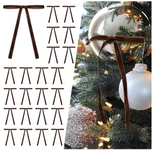 24 Pcs Brown Velvet Christmas Tree Bows Door Garland Decor Vintage Wreath Bow (3/8'' Width, 5 * 7 inch)