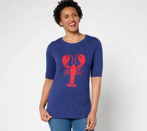 Denim & Co. Patterned Elbow Sleeve Crew Neck Sweater