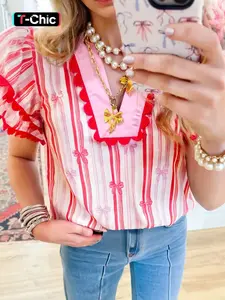 Women's Striped Print Ruffle Trim Shortsleeve Blouse, Boho Ruffle Sleeve, Casual Butterfly Sleeve V Neck Top for Daily Wear, Ladies Clothes for All Seasons, Shirts