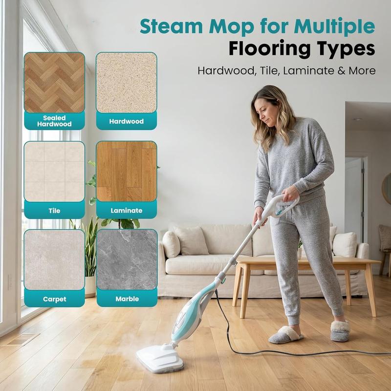 Powerful 10-in-1 Steam Mop for Home Detachable Handheld Floor Steamer with 16FT Cord & Washable Pads Cleans Hardwood Carpet Tile Grout & Windows Safe Chemical-Free Cleaning
