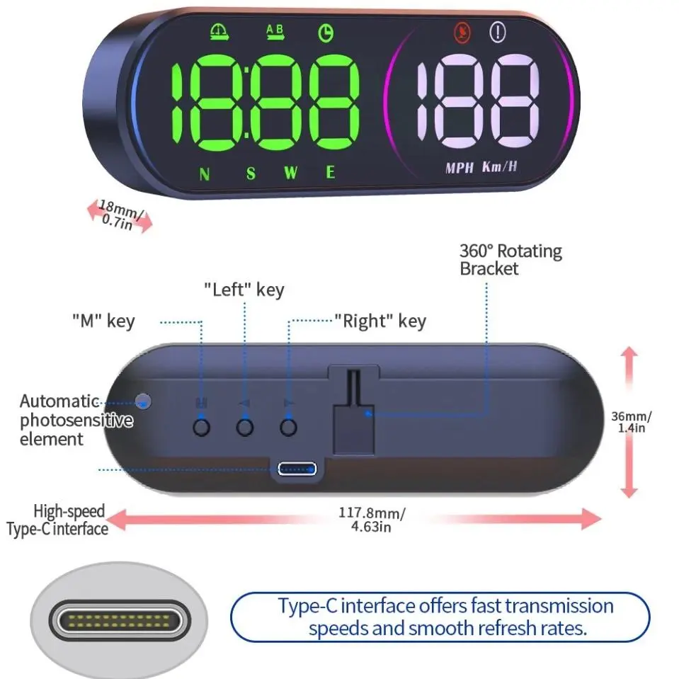 Digital Automotive Head-Up Display - USB-Powered Odometer HUD, Digital HUD, Car GPS with MPH/KMH Speedometer, Speed-Time Tracking, Multiple Colors Display