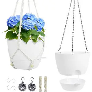 10 inch Self Watering Hanging Planters, 2 Pack Hanging Flower Pots for Indoor Outdoor , Hanging Baskets with Drainage Holes & 2 Kinds of  Hangers for Garden Home Decor, White