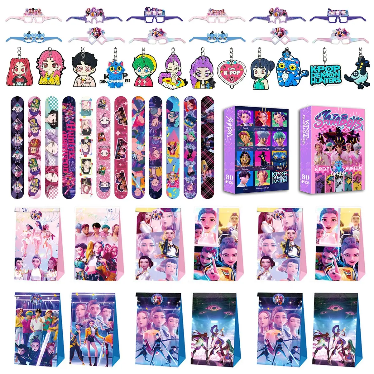 Korean cartoon girl group birthday party gift and game five-piece set, Party Favors, 12 bracelets, 12 keychains, 12 decorative glasses, 12 gift bags, 30 game cards are the best choice for a birthday party