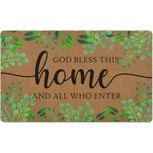 God Bless This  And  Who Enter Door Mat, Christian Eucalyptus Welcome Front Door Mat Indoor Outdoor Entrance, Rustic Botanical Artificial Coir Doormat Rugs for Patio Entry Decor 30x17in