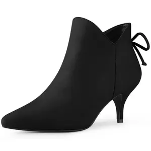BLISSFUL STEP Pointed Toe Bow Cutout Kitten Heel Ankle Booties for Women