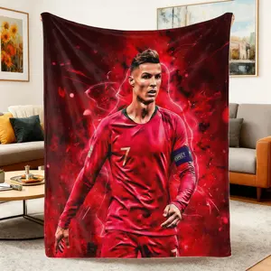 Wrinkle-Resistant Bold Football Star Artwork Flannel Throw Blanket, Durable All-Seasons Lightweight Stadium Soccer Decor, Machine-Washable Living Room Couch Cover, Gift for Sports Fans
