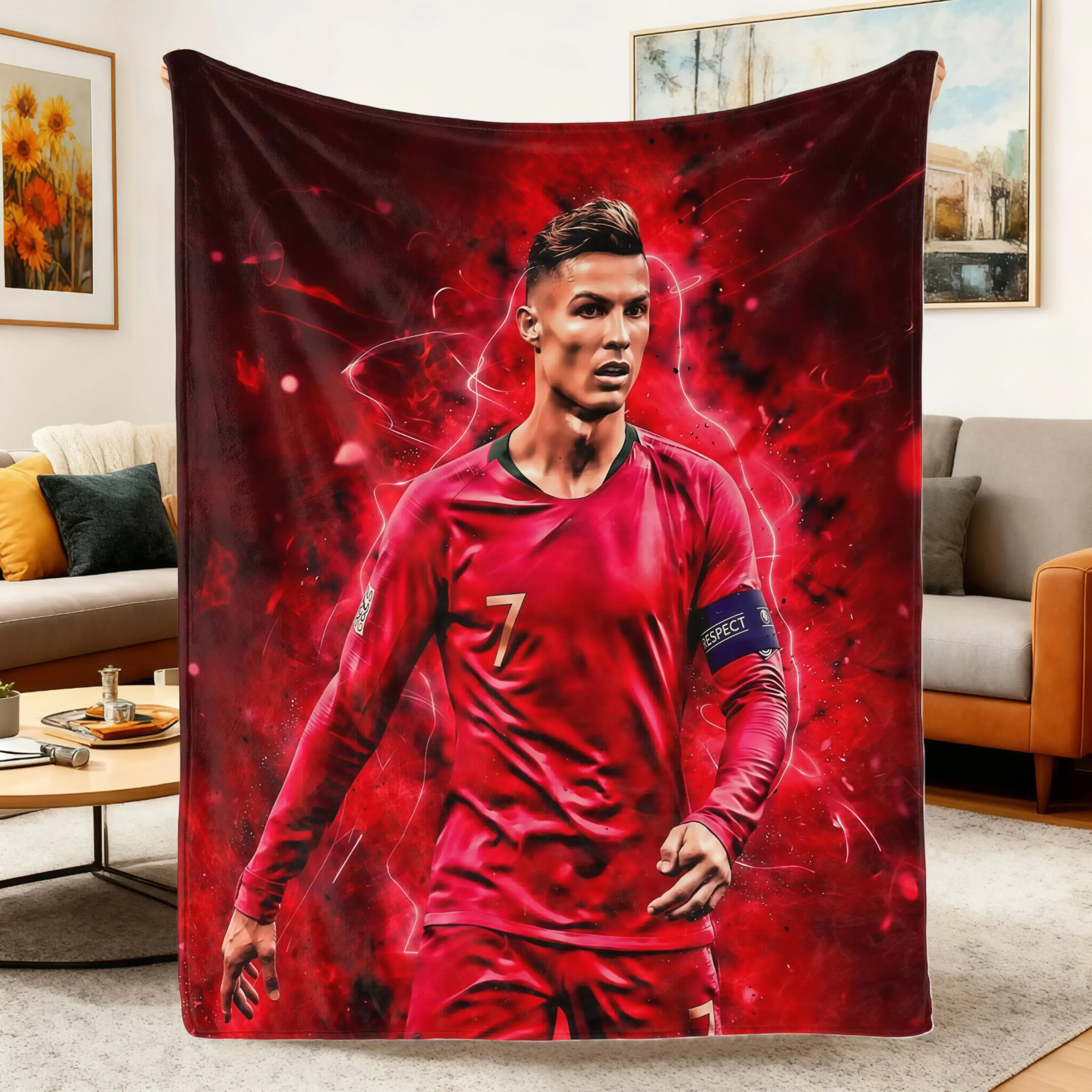 Wrinkle-Resistant Bold Football Star Artwork Flannel Throw Blanket, Durable All-Seasons Lightweight Stadium Soccer Decor, Machine-Washable Living Room Couch Cover, Gift for Sports Fans