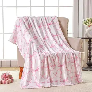 Pink Bow Throw Blanket Preppy Blanket Flannel Soft Cute Bow Decor Lightweight Aesthetic Plush Room Decor For Sofa Couch Travel Bed Christmas Halloween Decoration Gift