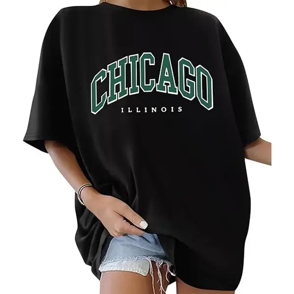 Chicago Illinois Varsity Graphic Tee, Vintage College City Letter Print Top, Retro Athletic Slogan Apparel, 100% Cotton Crewneck T‑Shirt