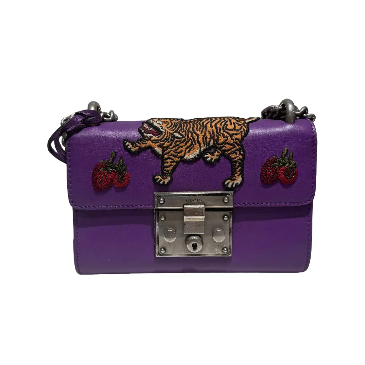 Pre-owned GUCCI LEATHER Shoulder Bags LA Padlock Embroidered Tiger Small Purple