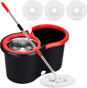 Spin Mop and Bucket with Wringer Set, 360° Spinning Mop Bucket System with 3 Microfiber Mop Replacement Heads and 61" Stainless Steel Adjustable Handle for Floor Cleaning