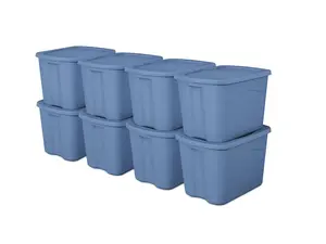 Sterilite Large Storage Bin, 18 Gallon Durable Plastic Storage Tote with Snap-on Lid, Light Blue, 8 Pack