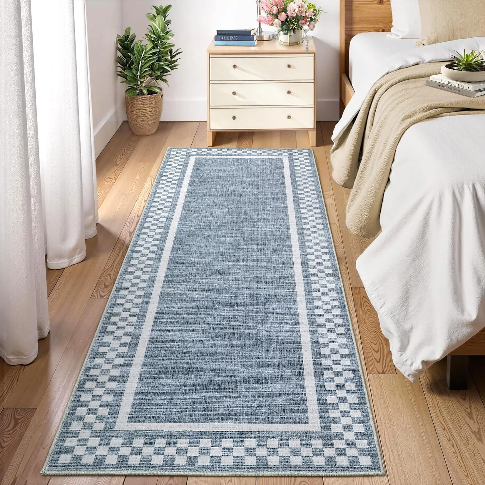 GARVEE Kitchen Runner Rug Washable Runner Rug 2x6 for Hallway Non Slip Soft Throw Runner Carpet Modern Bordered Bathroom Mat Low Pile Checkered Runner Rugs for Bedroom Living Room Entry, Blue