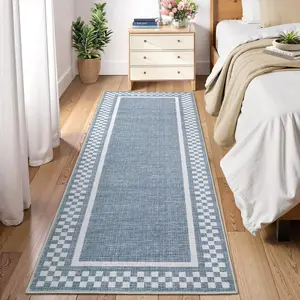 GARVEE Kitchen Runner Rug Washable Runner Rug 2x6 for Hallway Non Slip Soft Throw Runner Carpet Modern Bordered Bathroom Mat Low Pile Checkered Runner Rugs for Bedroom Living Room Entry, Blue