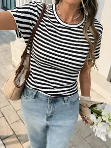 Women's Summer Striped Round Neck Ruffle Cuff Fitted Short Sleeve Top, Casual Home Wear, Running Sport, Shopping Mall