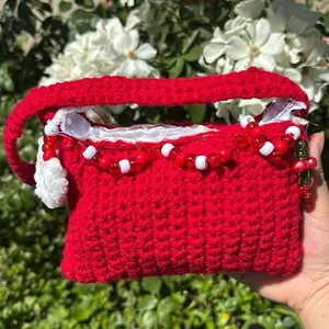 Cherry Red Crochet Purse with Bead Charms