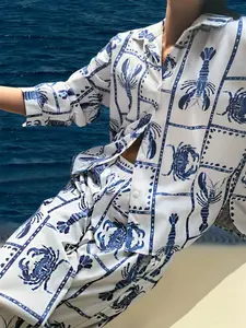 Women's Elegant Crab and Lobster Print Button-Up Shirt and Pants Set, Animal Print, Casual Loose Fit for Spring and Fall, Fashionable Vacation Outfit