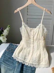 Women's Solid Color Lace Patchwork Button Design Summer Tank Top, Stylish and Comfortable, Perfect for Warm Weather