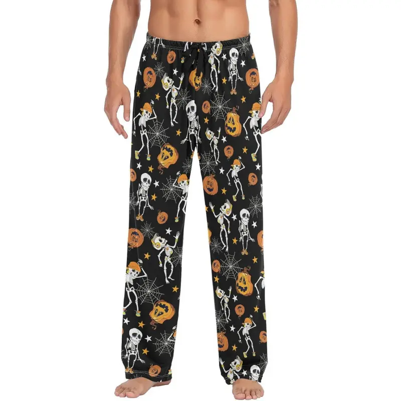 Men's Pajama Pants Soft Comfy Halloween skeletons pumpkins Sleep Lounge Pants Pjs Bottoms with Pockets