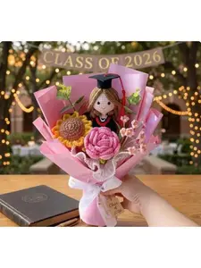 Crochet Graduation Bouquet with Custom Doll, Handmade Forever Flowers, Amigurumi Flower, Class of 2026 Keepsake Gift, Gift for Graduate #CrochetGraduationBouquet#AmigurumiDoll #CustomGraduationGift