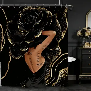 1/4pcs Black Gold Rose African American Bathroom Shower Curtain 60W by 71H Inch Positive Lady Girl Woman Inspirational Motivational Polyester Fabric 12 Plastic Hooks Waterproof Decor