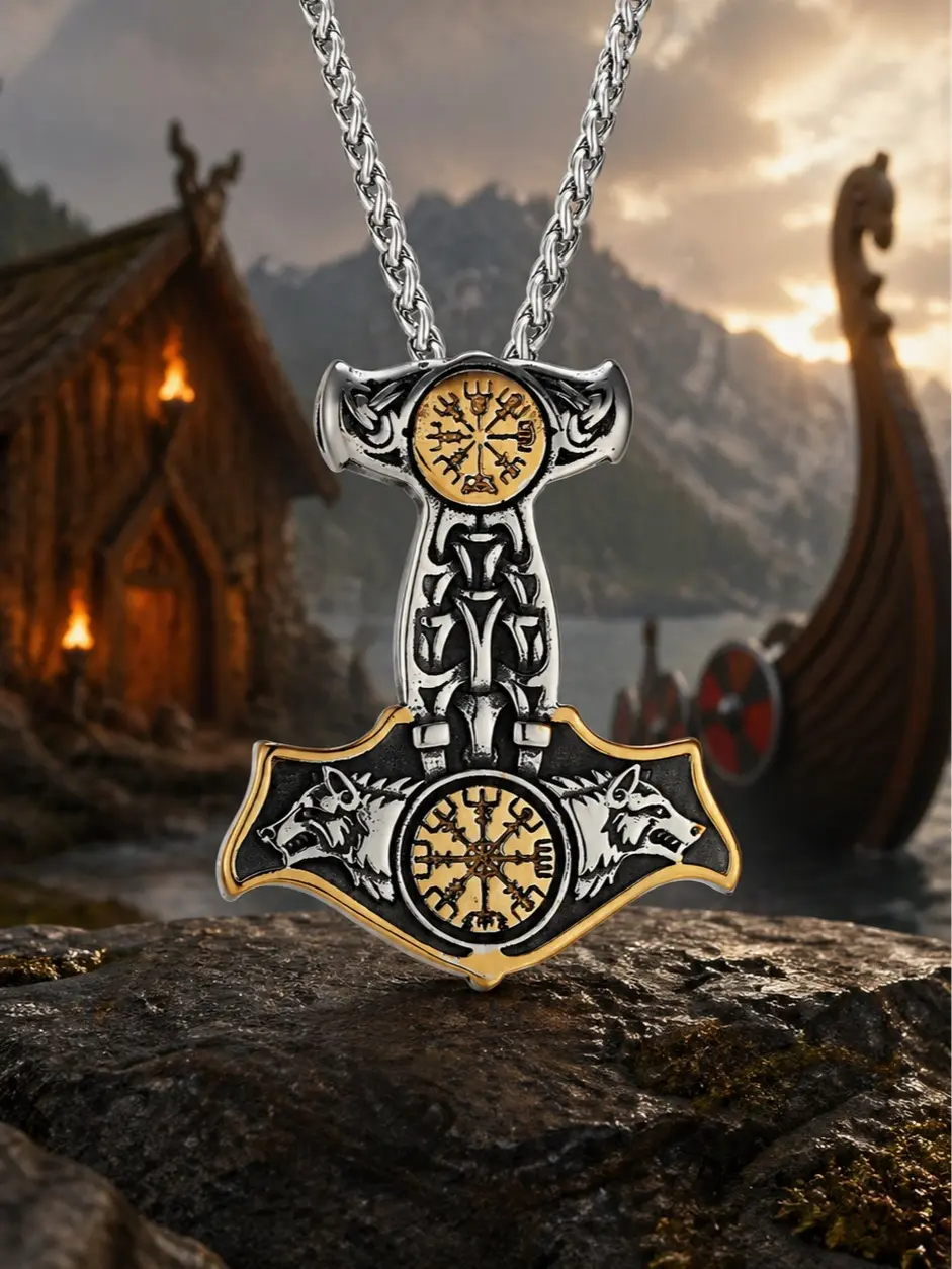 The Armored Kingdom Men's Viking Warrior Fantasy Armor Necklace - Dual-Tone Norse Rune, Wolf Head, Mjolnir Designs, 5Cm Stainless Steel Chain Link, Rust-Resistant Unisex Collectible, Casual Daily Wear, Anniversary Birthday Gift