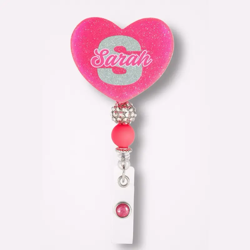 Pretty Plugged Customs Personalized Hot Pink Glitter Heart Badge Reel Custom Name Nurse ID Holder Cute Beaded Retractable Reel for Medical Professionals