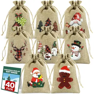 40 count Christmas Burlap Bag, 4 x 6 Inch Christmas  Bags with Drawstring Xmas Linen  Bags Featuring 8 Designs Small Burlap Sacks Jute Goody  Bag  Gifts Wrapping for Holiday Party