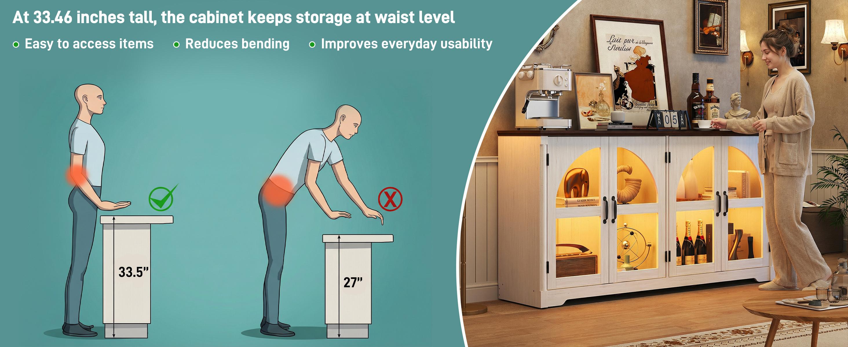 63" Modern Arched Sideboard Buffet Cabinet with LED Lights & Glass Doors, Large Storage Cabinet with Adjustable Shelves for Living Room & Kitchen