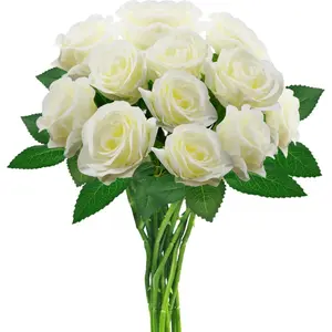 Long stems of white artificial roses, 12 pieces of artificial roses, artificial roses | Loose Decorative artificial flowers for home decoration, wedding party centerpieces, DIY bouquets