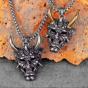 Demon Mask Samurai Ghost Pendant Necklace -  An oni orc, ogre, troll Japanese folklore - Men and WomenUnisex Long Chain - Emo Evil Skull Horns Devil Dark Gothic Punk Rock Vintage Hip Hop Yakuza Hannya Detail Art Jewelry