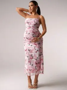 BELLAdresses Pink Butterfly Print Romantic Cute Women's Sun Dress, Suitable For Brunch, Fall Wedding Guest, Homecoming, Date Night, Prom, Maternity