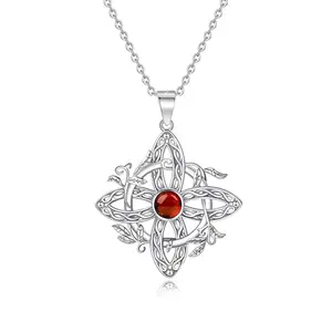 925 Sterling Silver Red Cubic Zirconia Zircona Celtic Knot Witches Necklace Elegant Pendant Jewelry Gift for Anniversary & Festivals christmas