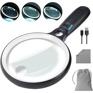 Large Magnifying Glass with 37 LED Light, 10X 20X 45X Handheld Illuminated Rechargeable Magnifier with 3 Light Modes for Seniors Reading Inspection (White & Black)