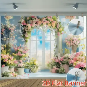 1PC Polyester 2D Flat Custom Backdrop Banners - Romantic Flower Arch Window Design, Wedding Decoration Curtain, Warm Dreamy Background for Indoor & Outdoor Home Festive Events