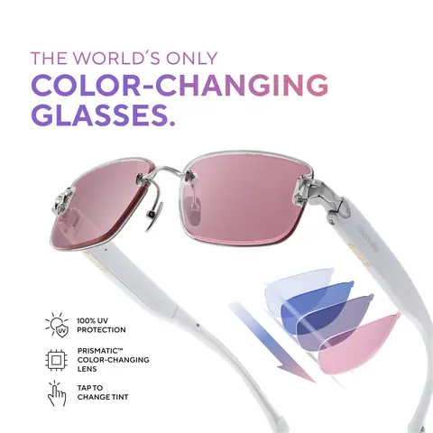 Aura Brand Head-Turning Rimless Sunglasses with Prismatic Color-Changing Lenses and Silver Highlights