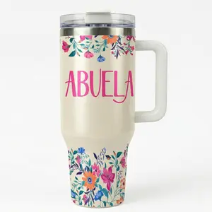 "Abuela" 40oz Tumbler with Handle and Straw, Floral Spanish Grandma Mother's Day Gift, Best Abuela Ever Birthday Present, Insulated Stainless Steel Mug