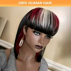 The new 2024 is a hot seller Elegant Mullet Wig For Women - 12" Pixie Cut With Bangs, 180% Density Brazilian Human Hair In Natural Black & Highlights, Glueless Layered Bob Style Wigs For Women Short Wigs For Women