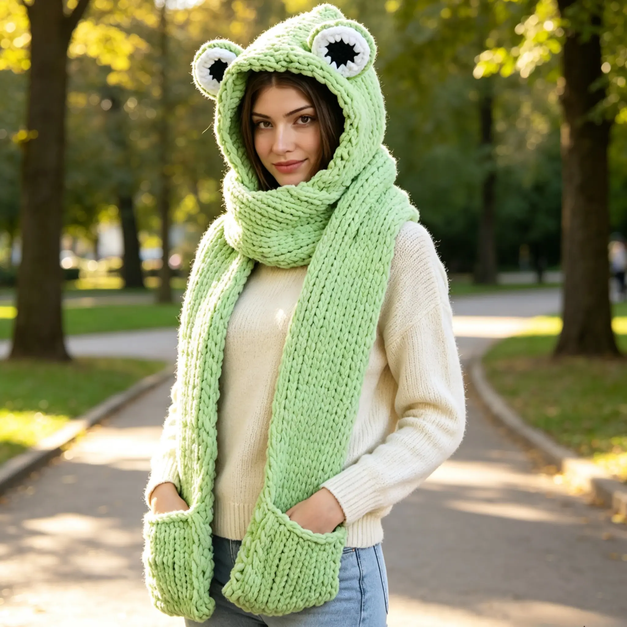 Handmade Chunky Knit Frog Hooded Scarf with Pockets, Cute Green Animal Hat Scarf Combo, Cozy Winter Wrap for Women, Viral Cottagecore Novelty Gift, Funny Outdoor Hoodie