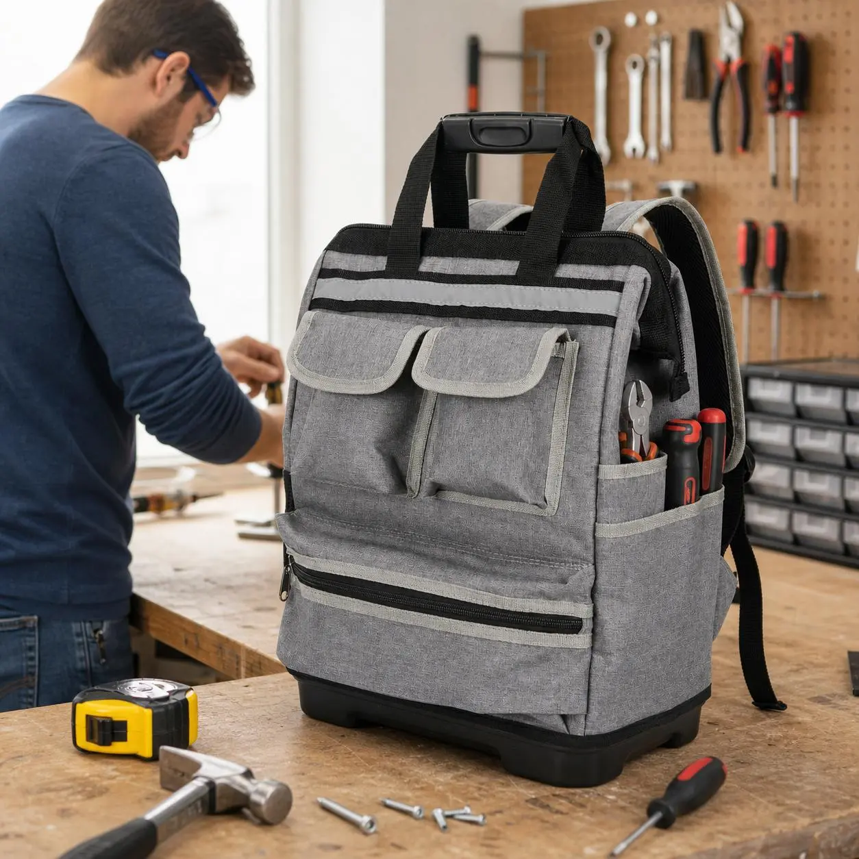 Garvee Heavy Duty Oxford Tool Backpack - 17-Inch Professional Contractor Tool Bag - Waterproof with Plastic Reinforced Base - Large Multi-Pocket Storage for Electricians, Carpenters, Handymen - Grey & Black