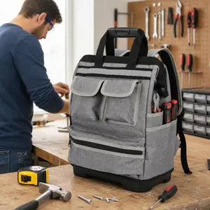 Garvee Heavy Duty Oxford Tool Backpack - 17-Inch Professional Contractor Tool Bag - Waterproof with Plastic Reinforced Base - Large Multi-Pocket Storage for Electricians, Carpenters, Handymen - Grey & Black